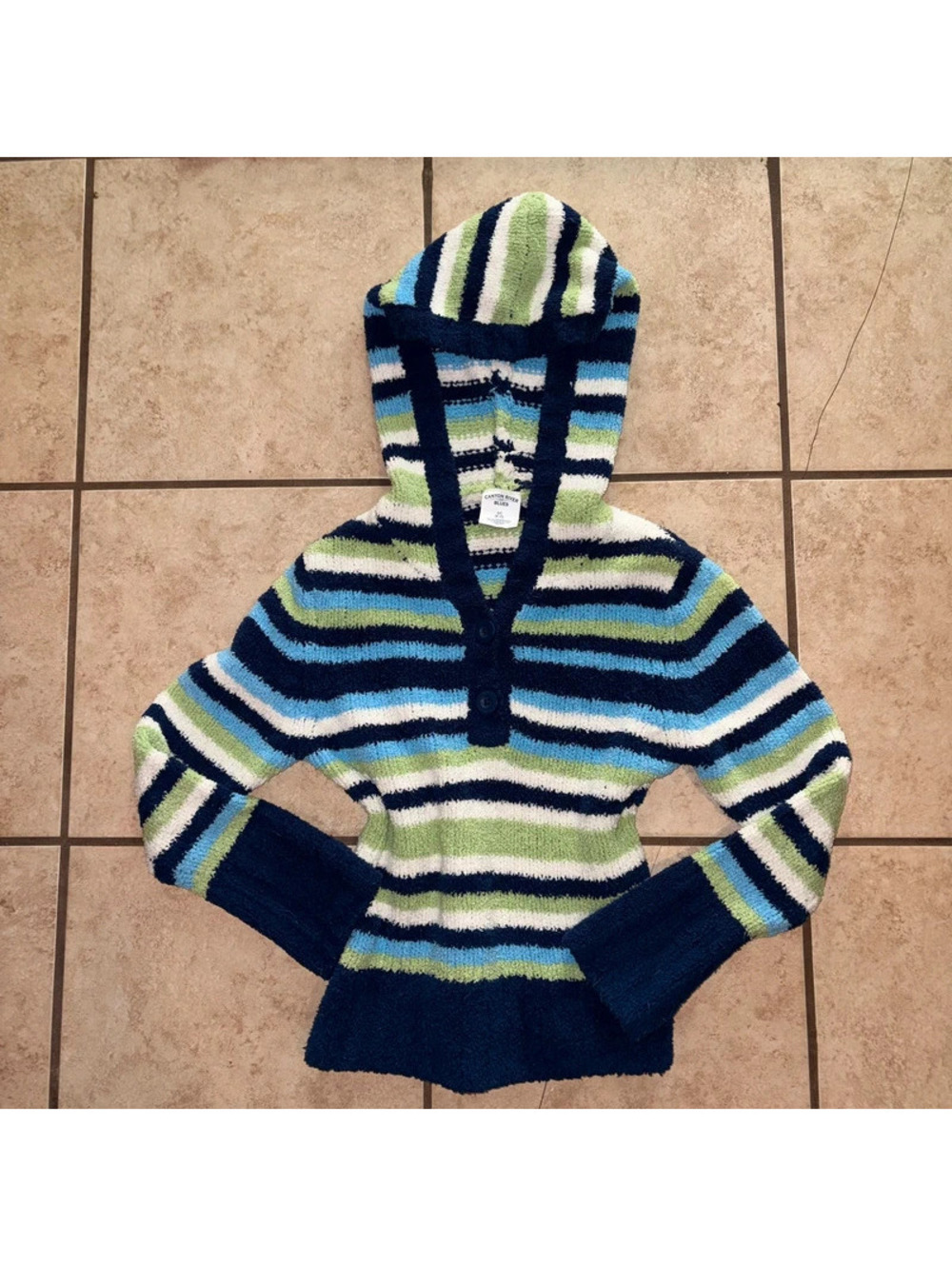 Blue and Green Striped Fuzzy Cropped Long sleeve hooded y2k henley
